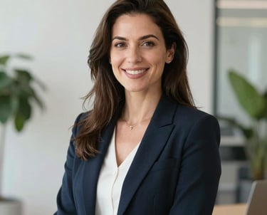 Portrait of a Southern European woman with a warm, confident smile, working in a modern office with crisp parchment walls and plants. Professional photography.