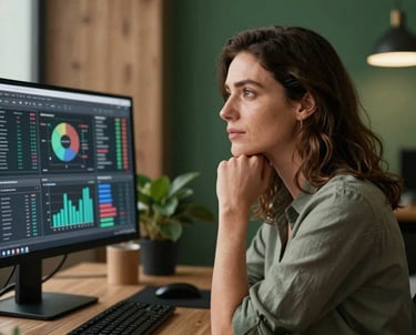 Portrait of a Southern European woman looking thoughtfully at a screen with digital analytics. Modern, warm office lighting with wood and forest green decor.