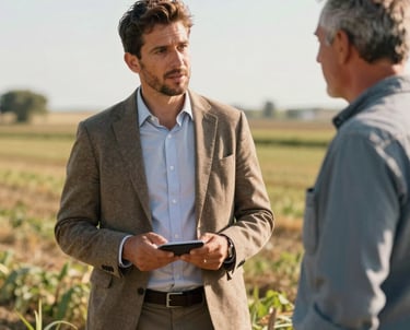Candid photography of a Southern European man in casual professional attire talking to a local farmer in a sunlit field, discussing marketing strategy. Warm, professional mood.