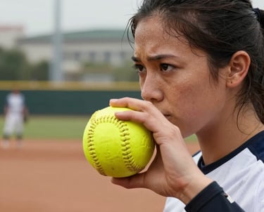 A close-up photograph of a softball pitcher's hand gripping the ball with intense focus, sweat on her brow, in a modern North American / US training facility.