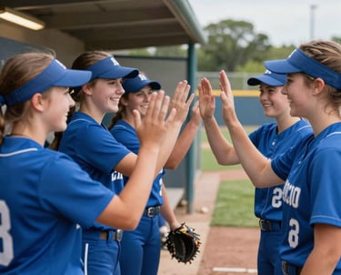 A group of teenage female softball players in matching blue uniforms laughing and high-fiving in a North American / US dugout, representing community and team spirit.