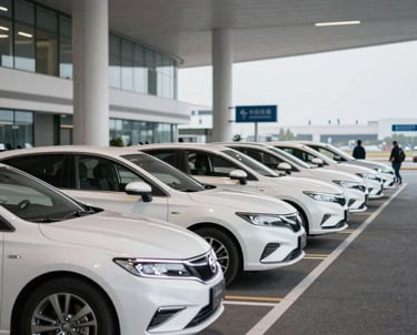 A lineup of various rental cars parked under a clear sky.