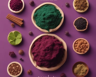 Close-up of natural ingredients like psyllium, cacao, and açaí berries arranged in three neat columns.