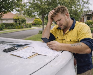 Australian tradie stressed by paperwork and scheduling