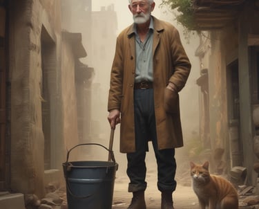 an old man with a cat sitting on a street, next to a large bucket.