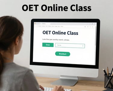 A friendly instructor engaging with students during a live online OET class.
