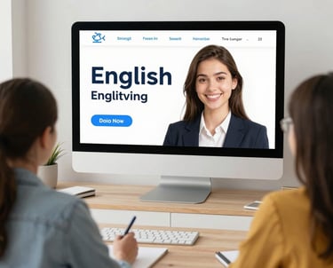 Students attending an online English language course on a desktop computer monitor.