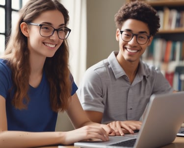 A friendly tutor engaging with a student over a laptop in a cozy home office.