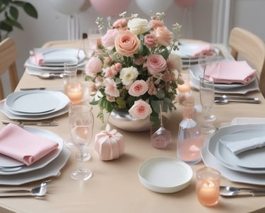 A beautifully decorated event space with elegant floral arrangements and warm lighting.