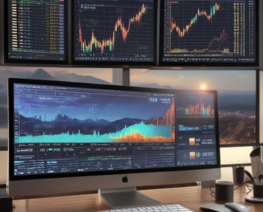 A focused trader analyzing market charts on multiple screens in a modern office.