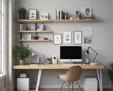 A sleek workspace with deep teal and burnt orange accents, showing a marketing consultant reviewing property and corporate branding materials.