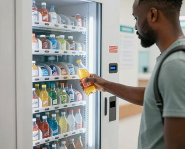 A sleek vending machine filled with snacks and drinks, set against a sunny Florianópolis street backdrop.