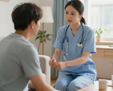 A friendly nurse assisting a patient at home with a tablet showing the booking app.
