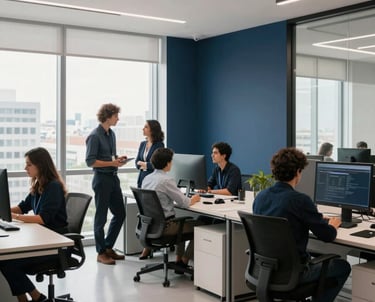 A high-end, contemporary Brazilian marketing office with a team collaborating in a bright space, featuring minimalist navy blue accents, large windows, and a professional dynamic vibe.