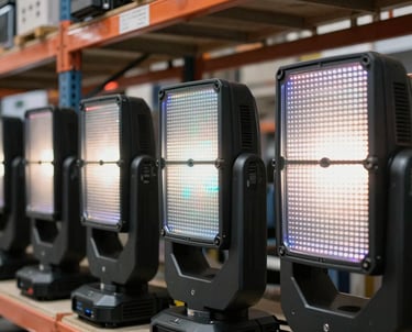 Close-up of professional audio-visual equipment including high-resolution LED panel modules and moving head lighting fixtures, arranged neatly in a clean South American technical warehouse.