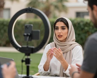 A vibrant street scene in an Arab city with a young creator filming content on their smartphone.