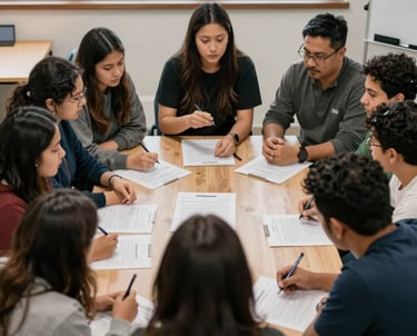 Team meeting with diverse Latino entrepreneurs discussing growth strategies around a conference table.