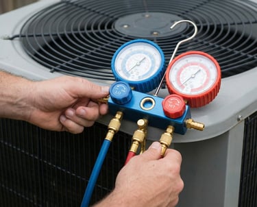 HVAC technician using a manifold gauge set to check refrigerant pressure on an outdoor AC unit.