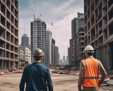 An architect reviewing blueprints with a client on a construction site.
