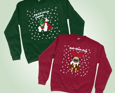 christmas jumpers with custom illustration of llama and pug in a christmas outfit