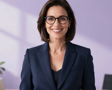 Professional portrait of a woman in a smart casual navy blazer, smiling warmly. She has glasses and is set against a bright, minimalist office background with soft lavender purple shadows.