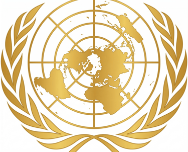 Gold United Nations logo featuring a world map projection framed by olive branches on a white background.