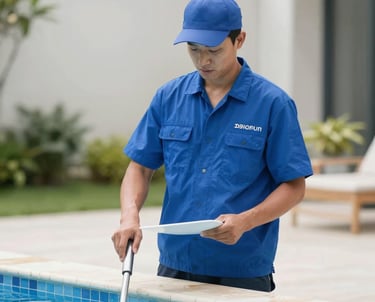 A technician cleaning a residential pool with professional equipment on a sunny day.