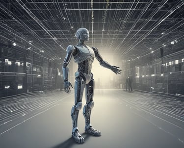 Sleek modern office with professionals analyzing AI strategy charts on screens.