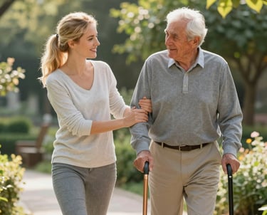 A smiling caregiver assisting an elderly man with a morning walk in a sunny garden.