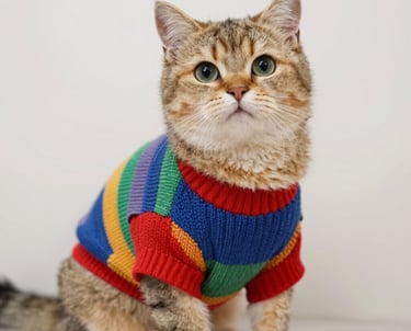 Un gato atigrado esponjoso sentado y llevando un suéter tejido a rayas de colores del arcoíris.
