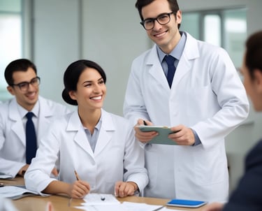 Entrepreneurs discussing product formulas with lab specialists in a bright workspace.
