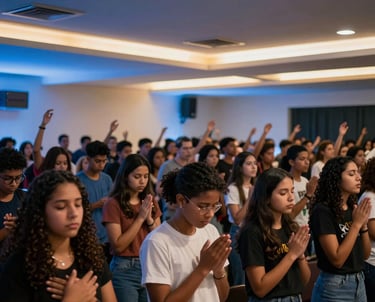 A high-energy photograph of a youth congress in Brazil, with a large group of young people worshiping in a modern sanctuary with professional blue and gold lighting.