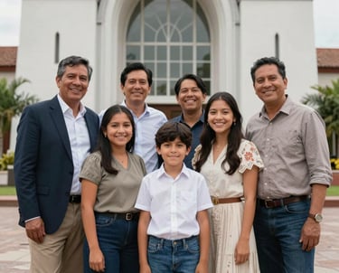 A joyful South American family standing outside a modern church building, dressed in smart casual attire, smiling at the camera, representing the welcoming community spirit.