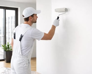 A professional painter in white overalls and a white hat, painting a wall