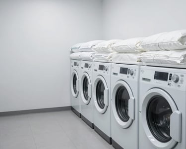 Modern laundry equipment in a clean, minimalist room.
