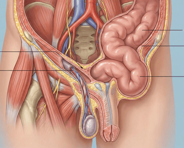 Ilustración médica ilustrativa de una hernia inguinal, proporcionada por el Dr. Daniel Rodríguez