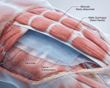 esquema de la pared abdominal donde se observa malla retromuscular dr daniel rodriguez hernias