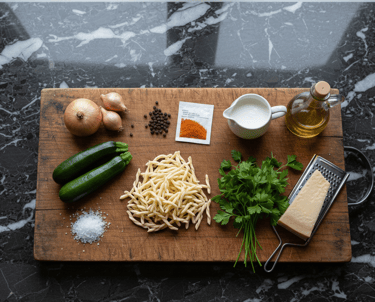 Fresh pasta ingredients with zucchini, onions, herbs, and parmesan on a rustic wooden cutting board.