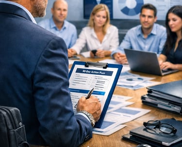 shows a fractional sales leader embedded in a modern office, guiding a small team around a table.