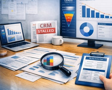 A “CRM STALLED” report and a 90‑Day Action Plan clipboard, representing insight and resolution