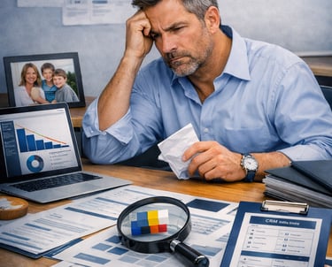 image focuses entirely on the VAR owner’s frustration and motivation: cluttered desk