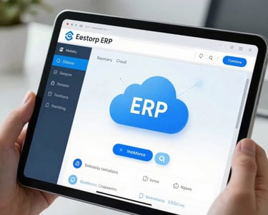 Shows hands holding a computer tablet looking at a cloud ERP screen in an office