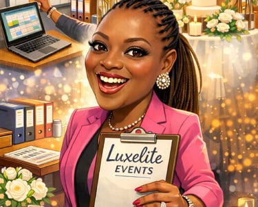 Caricature of Luxe Lite Events planner holding a branded sign with the company name