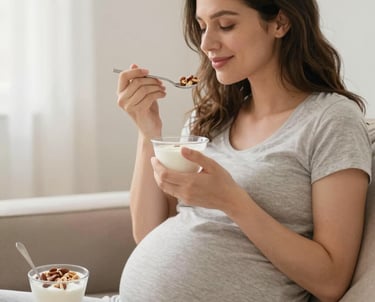 A pregnant woman enjoying a colorful, healthy salad outdoors.