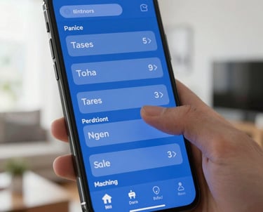 A close-up of a high-resolution smartphone screen in a bright, modern North American apartment. A thumb is navigating a smooth, blue-themed menu. Professional lighting.