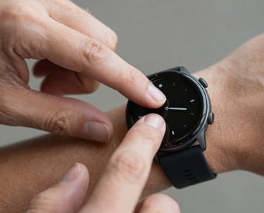A detailed shot of a person's fingers tapping on an Android smartwatch. The style is clean and professional, reflecting an approachable and rewarding technology experience.