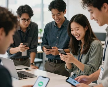 A candid portrait of a professional design team collaborating in a bright, modern North American workspace. They are looking at Android devices, laughing, and working together in an approachable atmosphere.