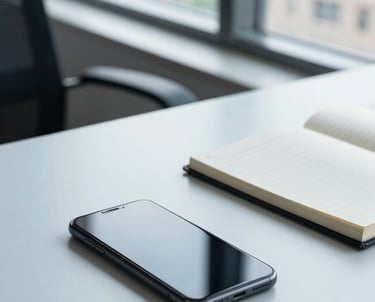 A minimalist workspace with an Android phone and a notebook on a pale blue desk. The lighting is soft and natural, coming from a large window in a US urban office. Clean and professional style.