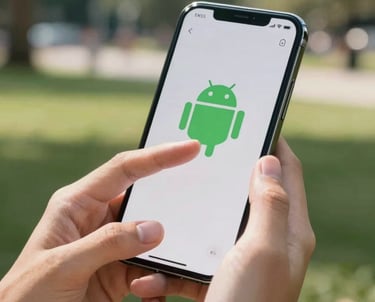 A close-up of a person's hands comfortably navigating an Android application in a sunny, North American urban park. The focus is on the ease of use and the professional, high-quality device.