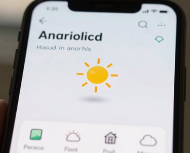 A close-up photograph of an Android device screen showing a clean, modern weather application. The lighting is bright and airy, in a North American setting, emphasizing approachable design.